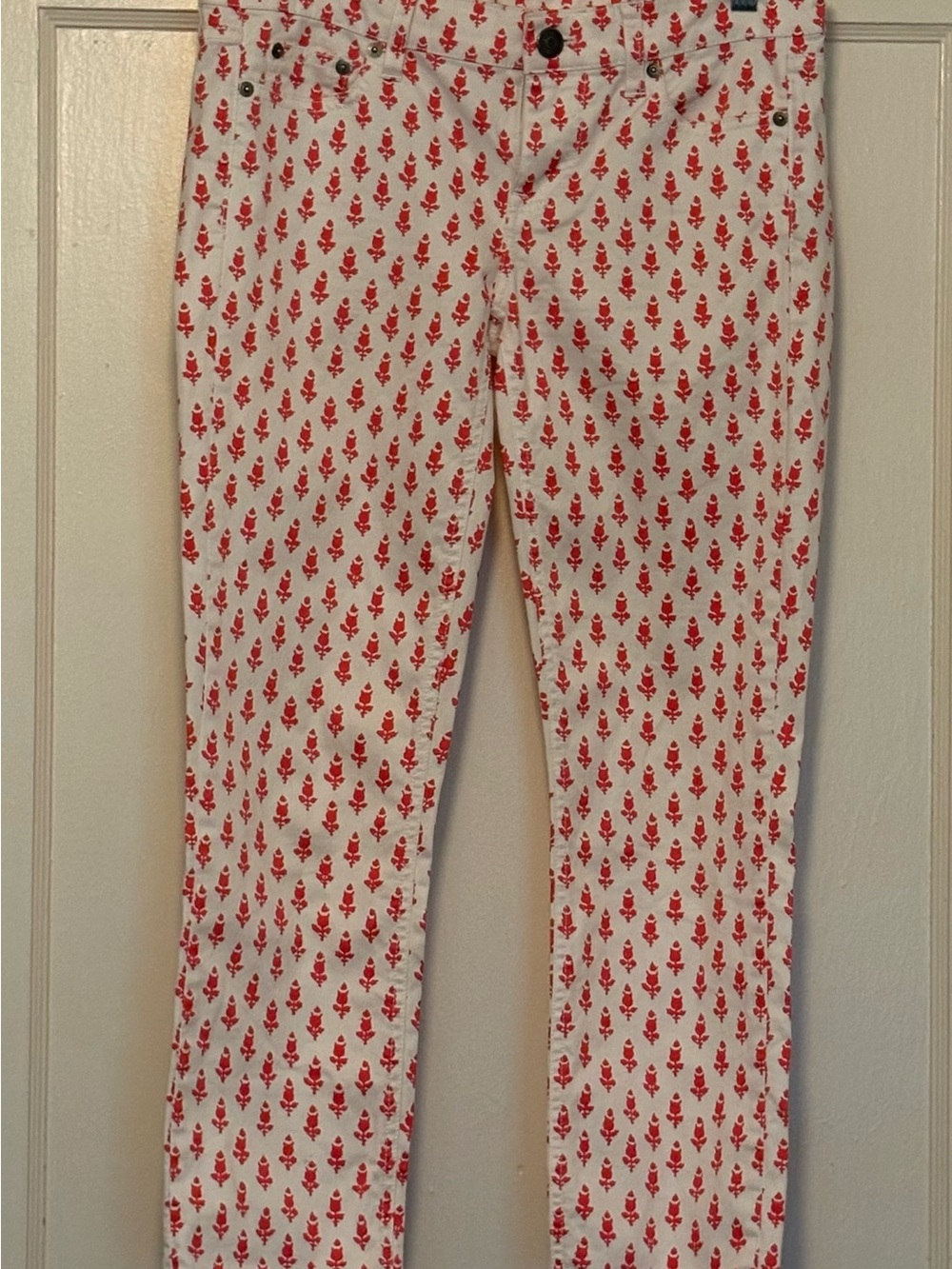 J. Crew White Skinny Jeans with Red Floral Print